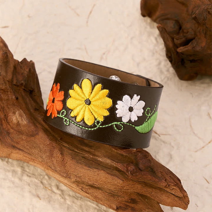 Buddha Stones Leather Hand-Woven Floral Embroidered Protection Bracelet - image 2