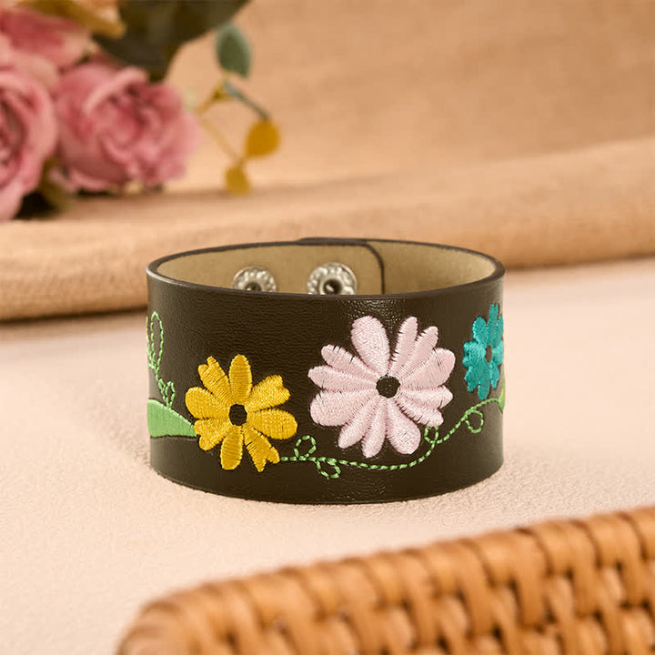 Buddha Stones Leather Hand-Woven Floral Embroidered Protection Bracelet - Yellow Pink Blue(Wrist Circumference: Approx. 6.7–7.5 in / 17-19cm) - image 8