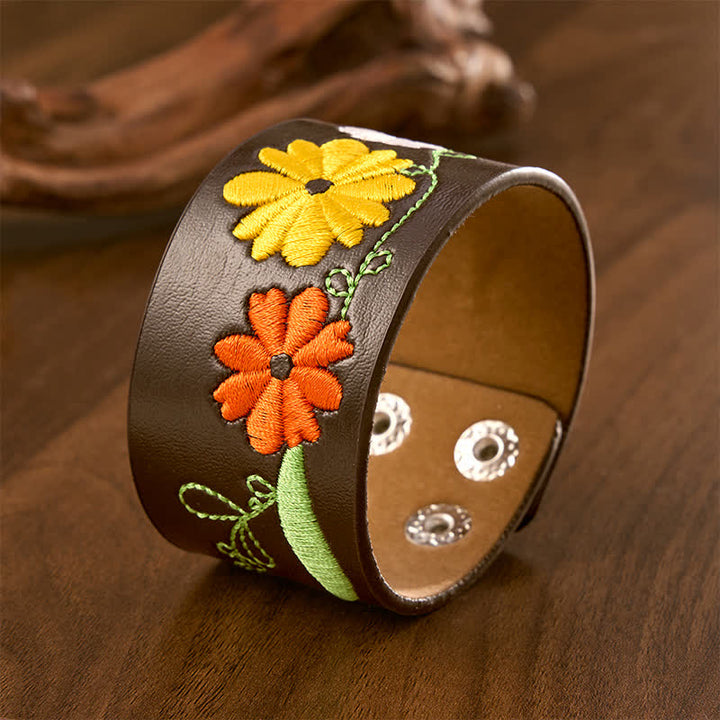Buddha Stones Leather Hand-Woven Floral Embroidered Protection Bracelet - image 1