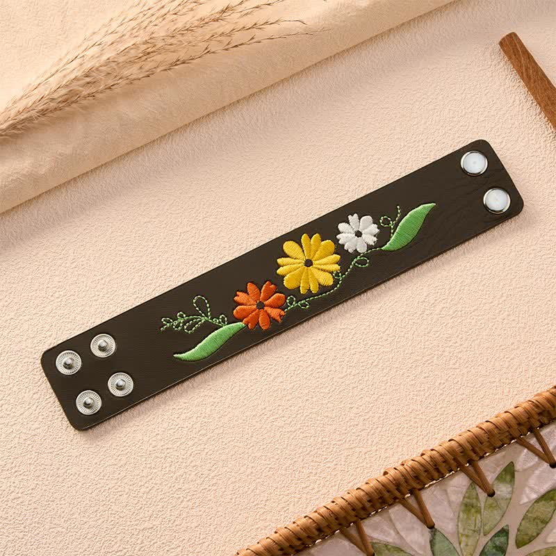 Buddha Stones Leather Hand-Woven Floral Embroidered Protection Bracelet - image 5