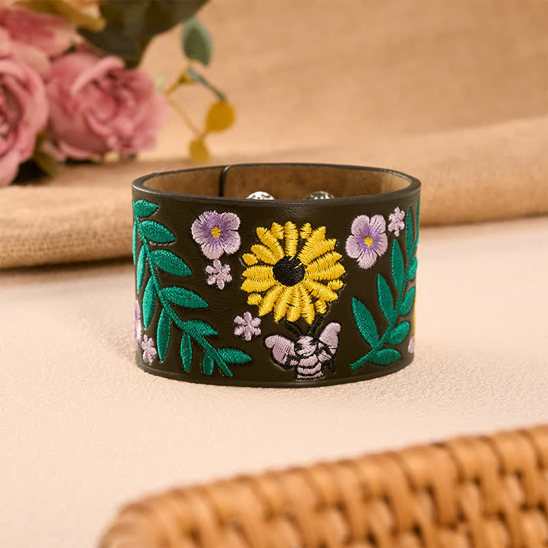 Buddha Stones Vintage Floral Rose Butterfly Embroidered Leather Buckle Bracelet - Butterfly Garden(Wrist Circumference: Approx. 5.9–6.7 in / 15–17 cm) - image 0