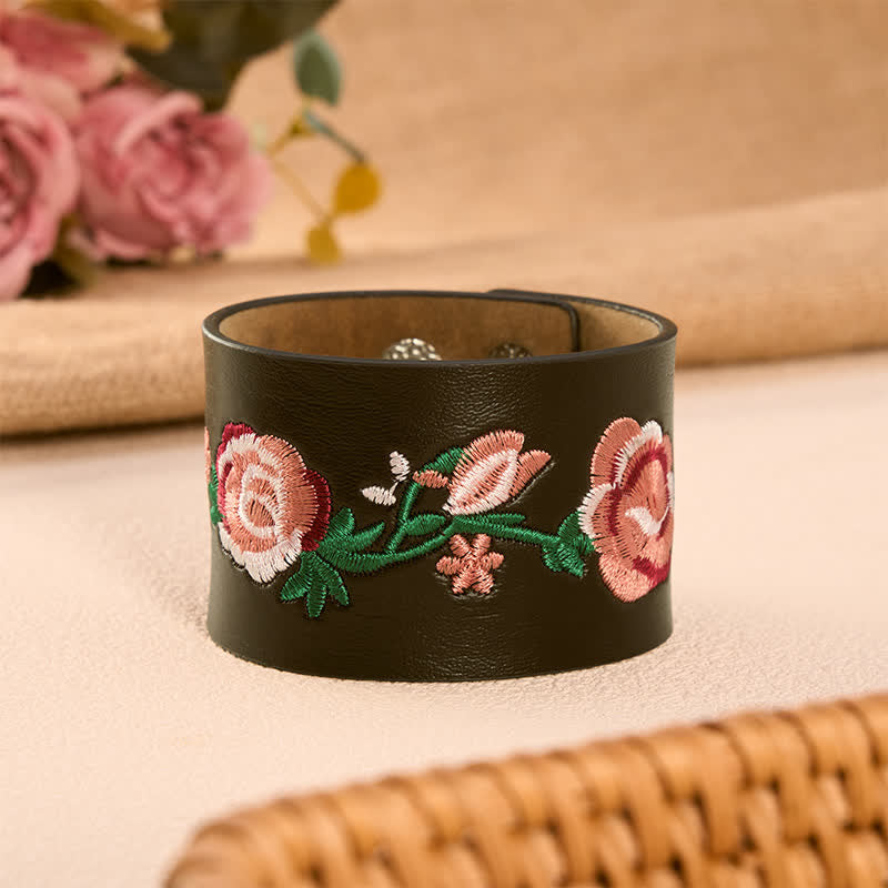 Buddha Stones Vintage Floral Rose Butterfly Embroidered Leather Buckle Bracelet - Pink Blossom(Wrist Circumference: Approx. 5.9–6.7 in / 15–17 cm) - image 16