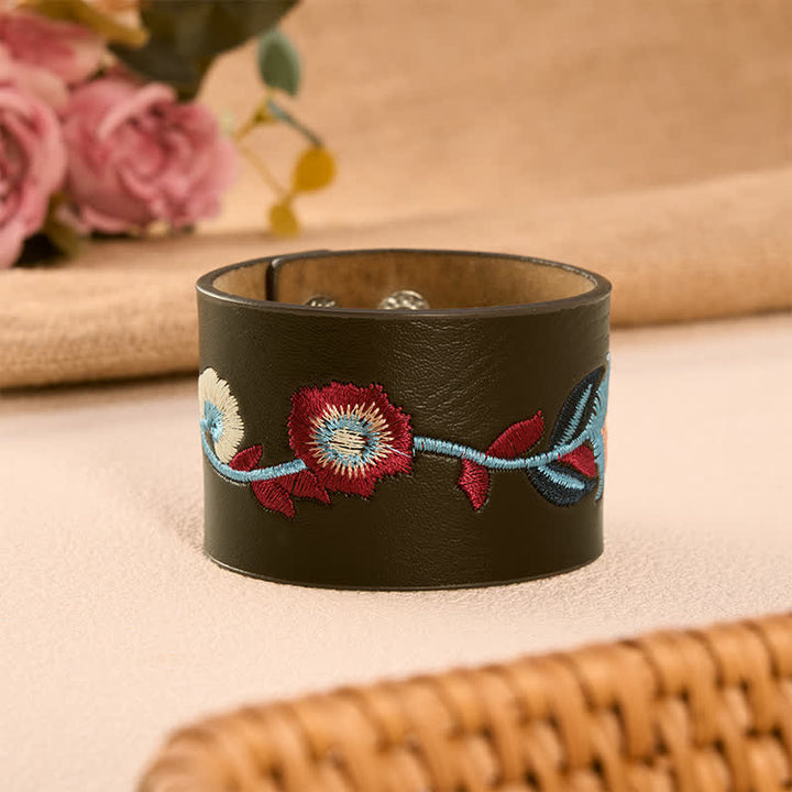 Buddha Stones Vintage Floral Rose Butterfly Embroidered Leather Buckle Bracelet - Wildflower Bloom(Wrist Circumference: Approx. 5.9–6.7 in / 15–17 cm) - image 9
