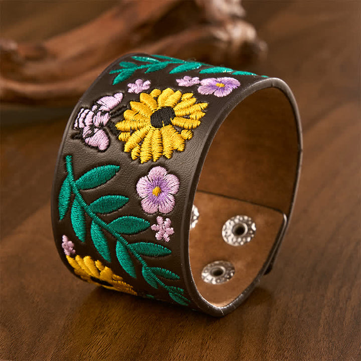 Buddha Stones Vintage Floral Rose Butterfly Embroidered Leather Buckle Bracelet - image 1