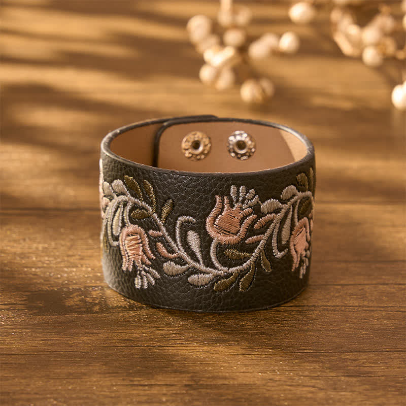Buddha Stones Leather Hand-woven Braided White Flower Vine Protection Buckle Bracelet - image 1
