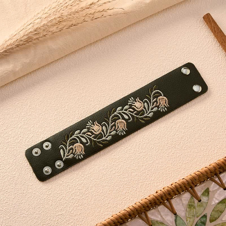 Buddha Stones Leather Hand-woven Braided White Flower Vine Protection Buckle Bracelet - image 5