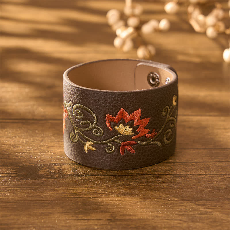 Buddha Stones Protection Leather Floral Embroidered Adjustable Buckle Bracelet - image 2