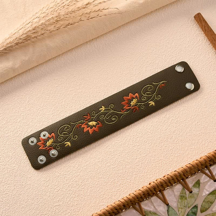 Buddha Stones Protection Leather Floral Embroidered Adjustable Buckle Bracelet - image 5