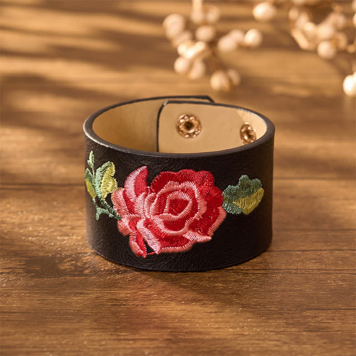 Buddha Stones Leather Embroidered Rose Wide Protection Buckle Bracelet - image 1