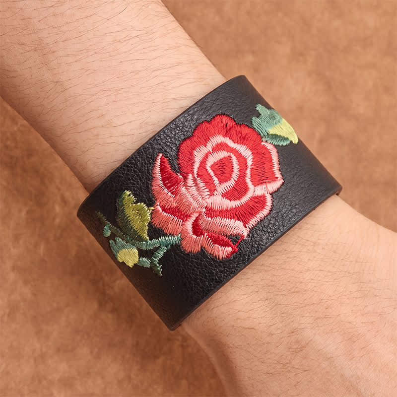 Buddha Stones Leather Embroidered Rose Wide Protection Buckle Bracelet - image 4