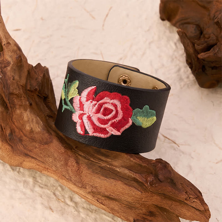 Buddha Stones Leather Embroidered Rose Wide Protection Buckle Bracelet - image 3