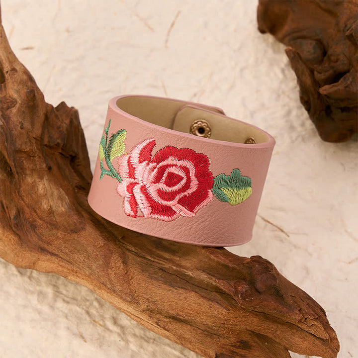 Buddha Stones Leather Embroidered Rose Wide Protection Buckle Bracelet - image 17