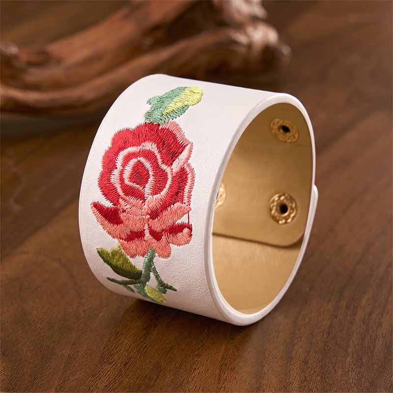 Buddha Stones Leather Embroidered Rose Wide Protection Buckle Bracelet - image 23