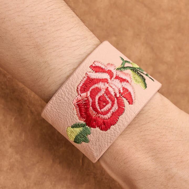 Buddha Stones Leather Embroidered Rose Wide Protection Buckle Bracelet - image 11