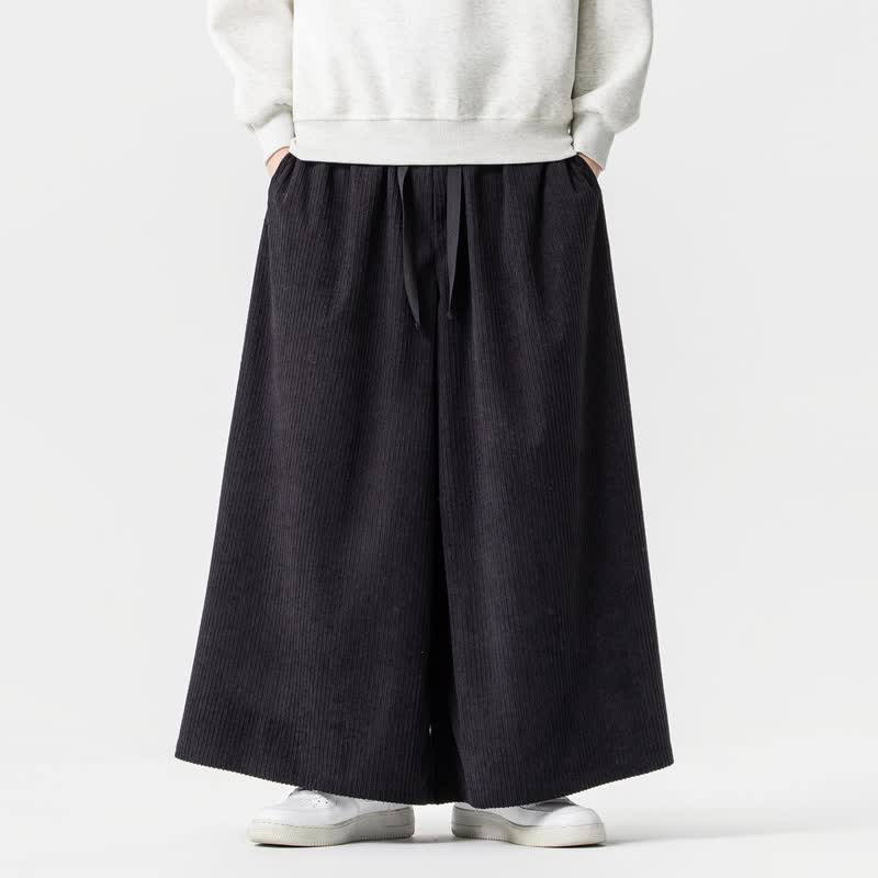 Buddha Stones Fall Winter Simple Classic Drawstring Solid Corduroy Ankle Pants Men's Wide Leg Pants With Pockets - Black - US/UK/AU46，EU56 (5XL) - image 8