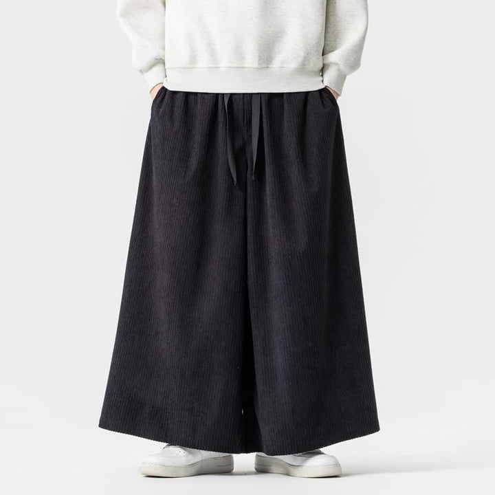 Buddha Stones Fall Winter Simple Classic Drawstring Solid Corduroy Ankle Pants Men's Wide Leg Pants With Pockets - Black - US/UK/AU46，EU56 (5XL) - image 8