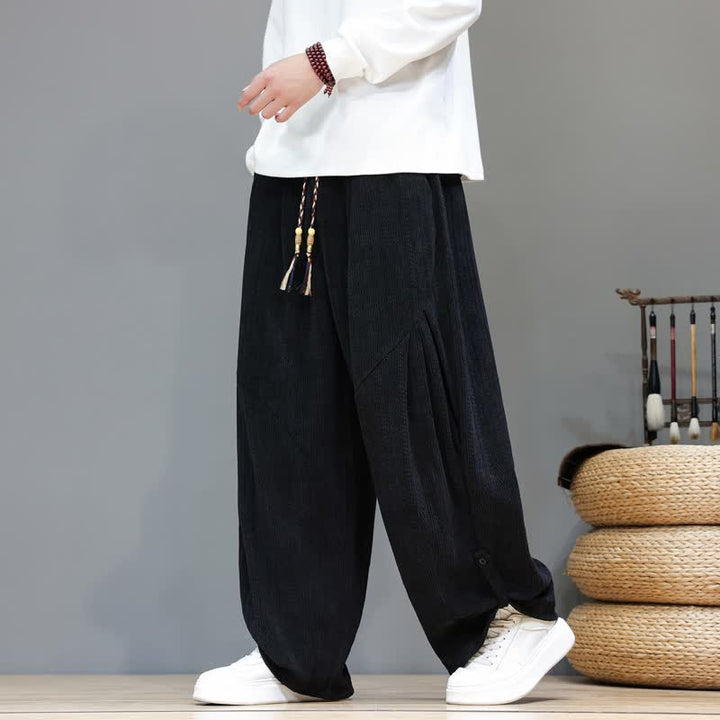 Buddha Stones Fall Winter Casual Boho Drawstring Solid Long Pants Corduroy Men's Harem Pants With Pockets - Black - US/UK/AU46，EU56 (5XL) - image 13
