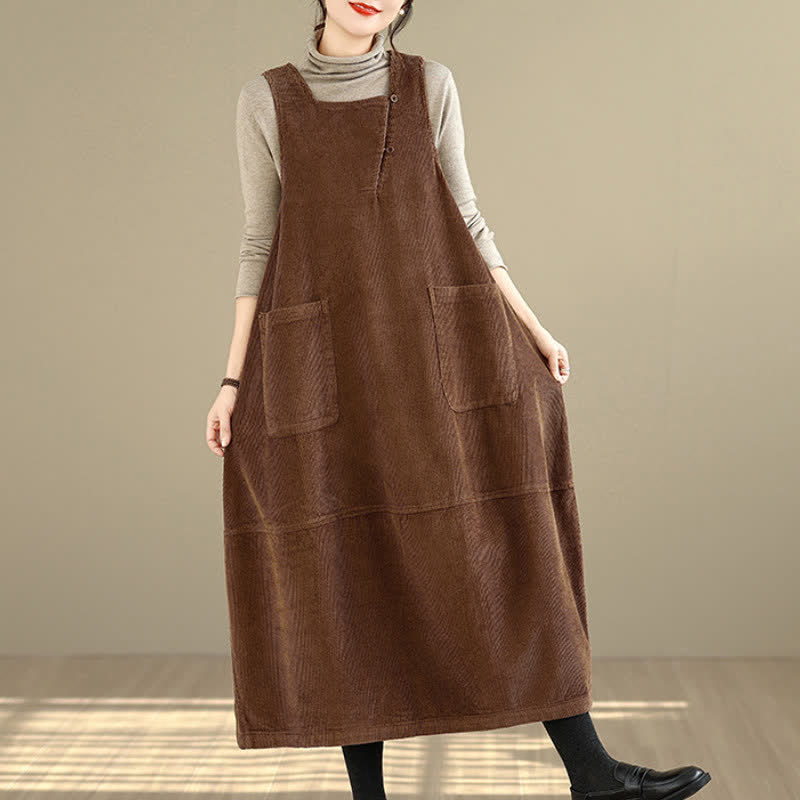 Buddha Stones Fall Winter Vintage Plain Solid Scoop Neck Women's Winter Sleeveless Dress With Pockets - SaddleBrown - US8-10，UK/AU12-14，EU40-42 (2XL) - image 0