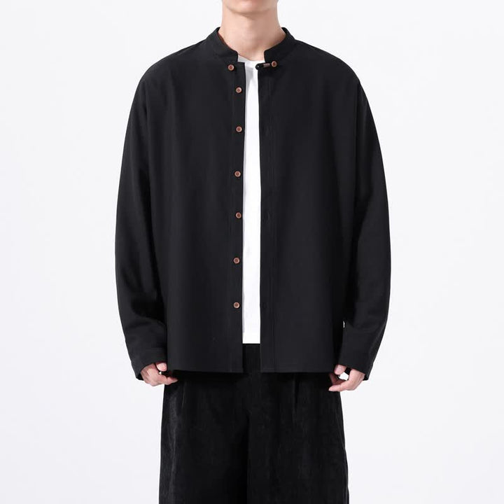 Buddha Stones Spring Casual Tang Style Button-Up Solid Men's Long Sleeve Shirts - Black - US/UK/AU46，EU56 (5XL) - image 9