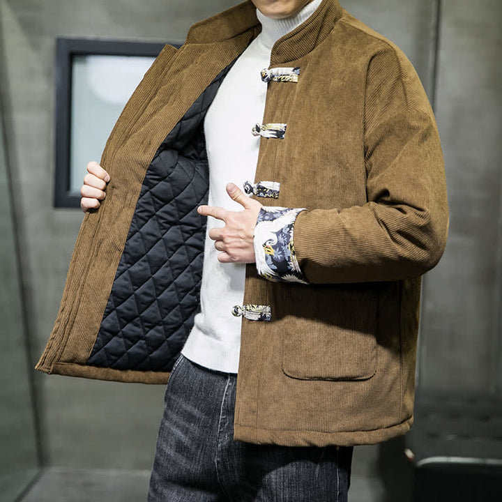 Buddha Stones Fall Winter Casual Tang Style Mandarin Collar White Crane Solid Men's Jacket With Pockets - Sienna - US/UK/AU46，EU56 (5XL) - image 13