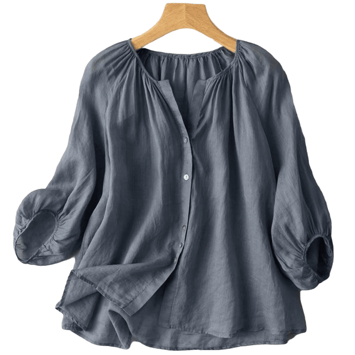 Buddha Stones Vintage Button Three Quarter Puff Sleeve V-Neck Women's Shirt - image 2