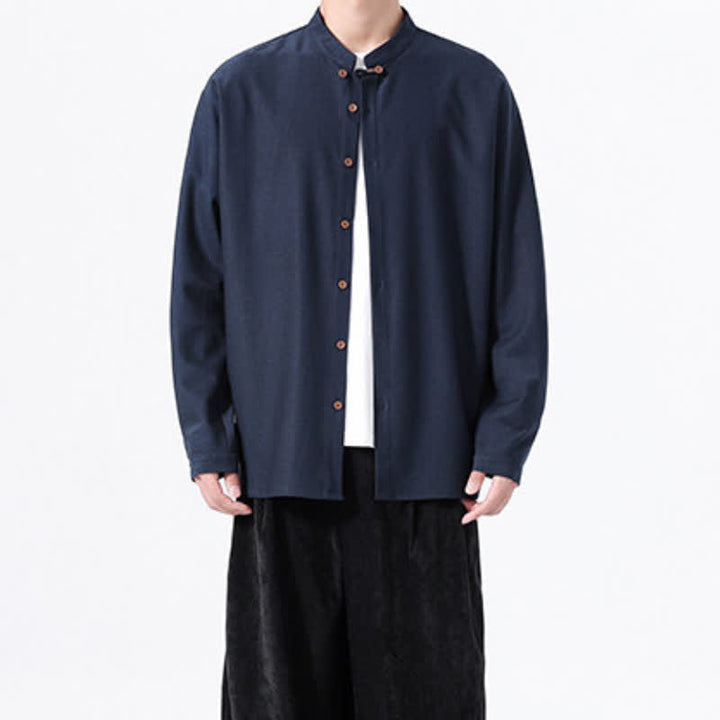 Buddha Stones Spring Casual Tang Style Button-Up Solid Men's Long Sleeve Shirts - image 8