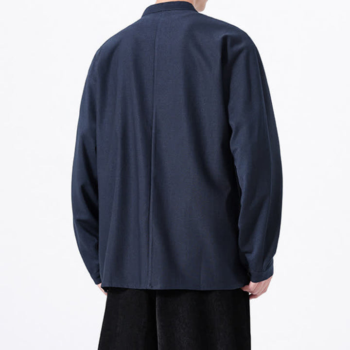 Buddha Stones Spring Casual Tang Style Button-Up Solid Men's Long Sleeve Shirts - image 4