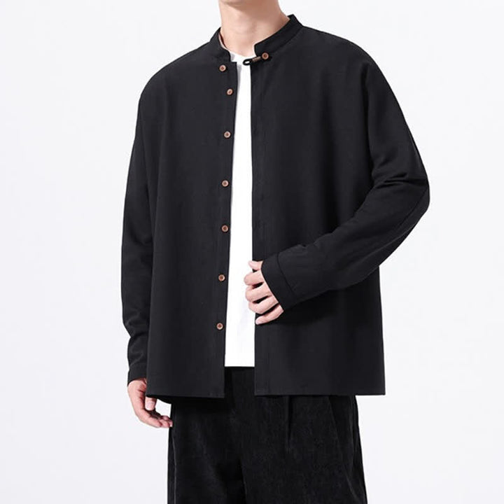 Buddha Stones Spring Casual Tang Style Button-Up Solid Men's Long Sleeve Shirts - image 13