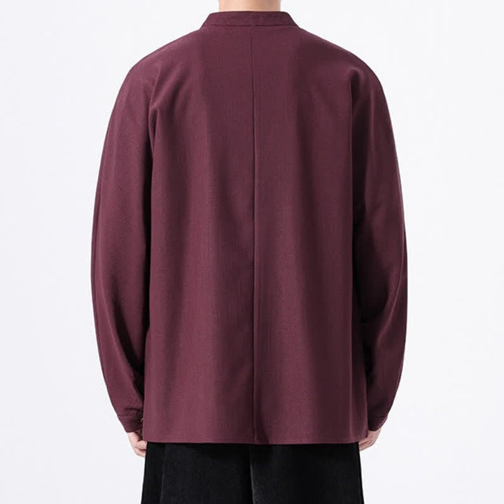 Buddha Stones Spring Casual Tang Style Button-Up Solid Men's Long Sleeve Shirts - image 22