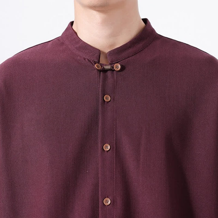 Buddha Stones Spring Casual Tang Style Button-Up Solid Men's Long Sleeve Shirts - image 25