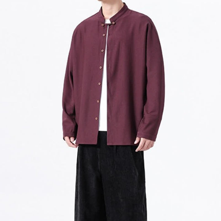 Buddha Stones Spring Casual Tang Style Button-Up Solid Men's Long Sleeve Shirts - image 24