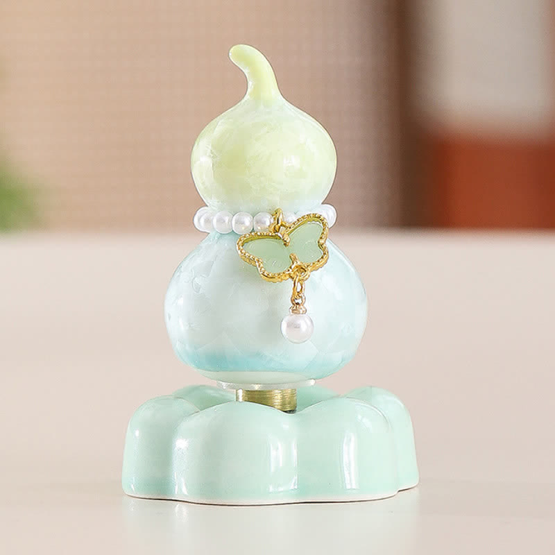 Buddha Stones Ceramic Butterfly Gourd Rotating Mindful Living Decor - Gourd Yellow+Light Green Butterfly+Green Base - image 8