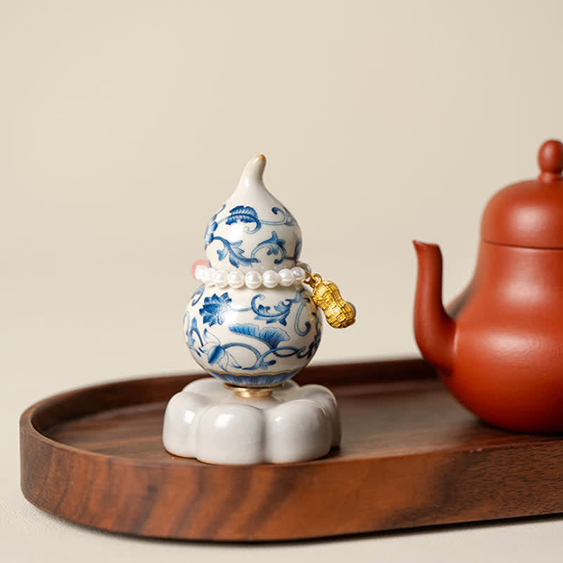 Buddha Stones Blue and White Ceramic Rotating Gourd Lotus Mindful Living Decor - image 1