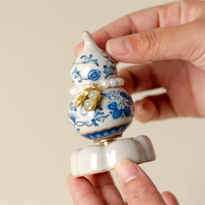Buddha Stones Blue and White Ceramic Rotating Gourd Lotus Mindful Living Decor - image 3