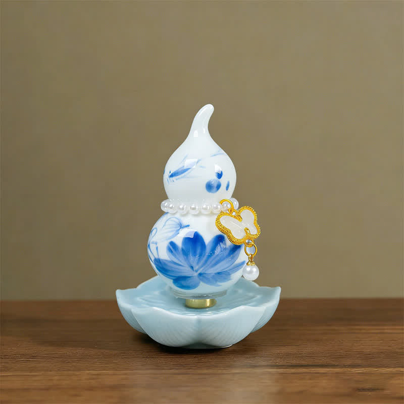 Buddha Stones Hand-Painted Ceramic Peony Gourd Prosperity Mindful Living Decor - Blue Porcelain Lotus - Approx. 6*8cm(Random accessory) - image 0