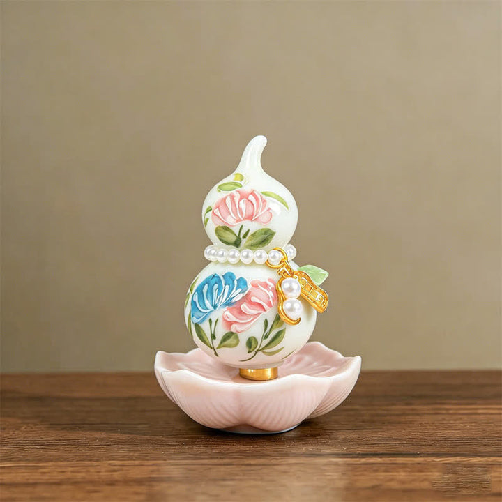 Buddha Stones Hand-Painted Ceramic Peony Gourd Prosperity Mindful Living Decor - Double Flowers Blessing - Approx. 6*8cm(Random accessory) - image 7