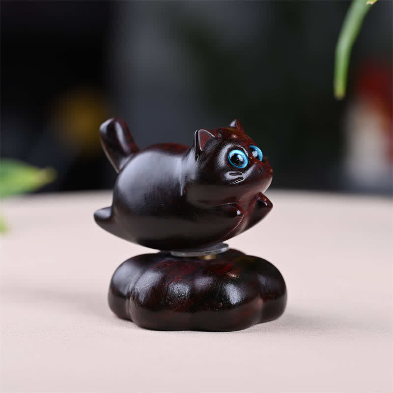 Buddha Stones Sandalwood Rotating Small Cat Tea Pet Meditation Cute Animal Decor - Brown Approx. 6*5.5*6cm - image 1