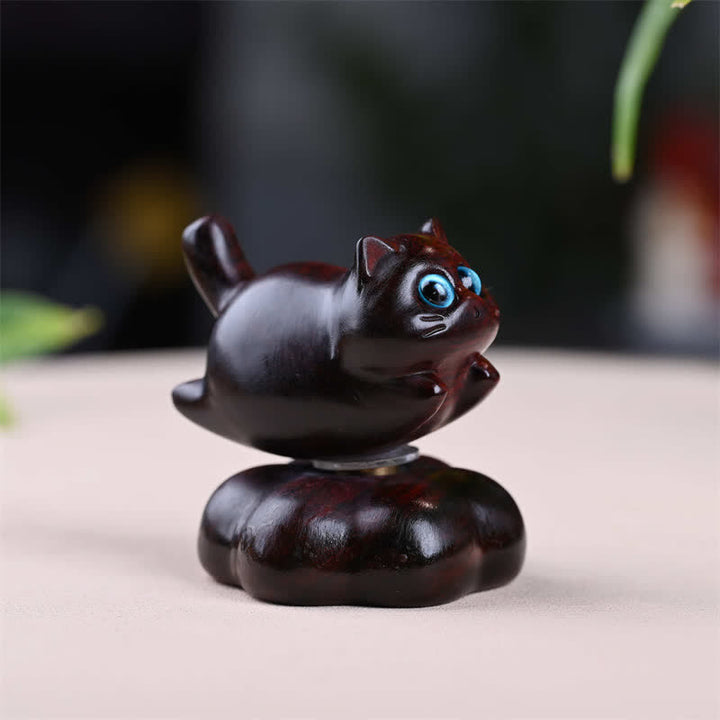 Buddha Stones Sandalwood Rotating Small Cat Tea Pet Meditation Cute Animal Decor - Brown Approx. 6*5.5*6cm - image 1