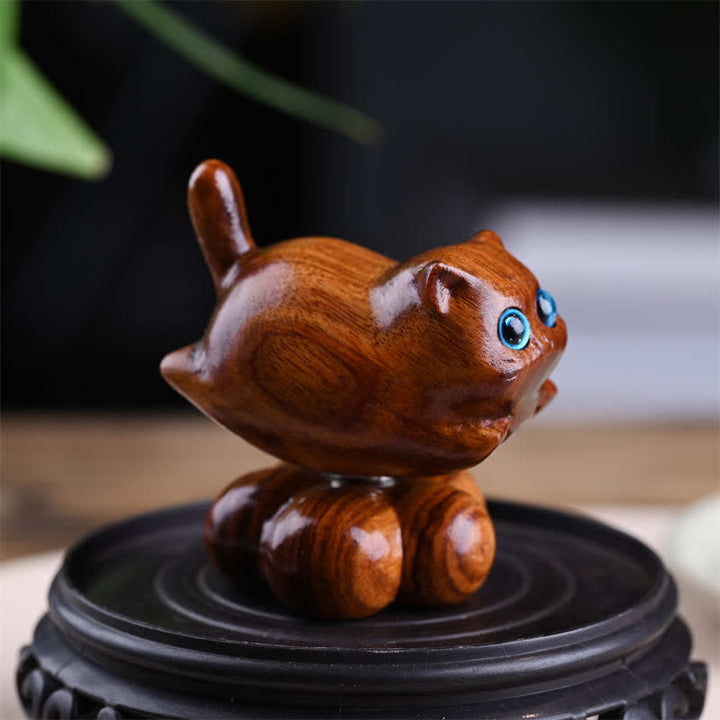 Buddha Stones Sandalwood Rotating Small Cat Tea Pet Meditation Cute Animal Decor - Tan&Small Base Approx. 6*4.3*5.8cm - image 4