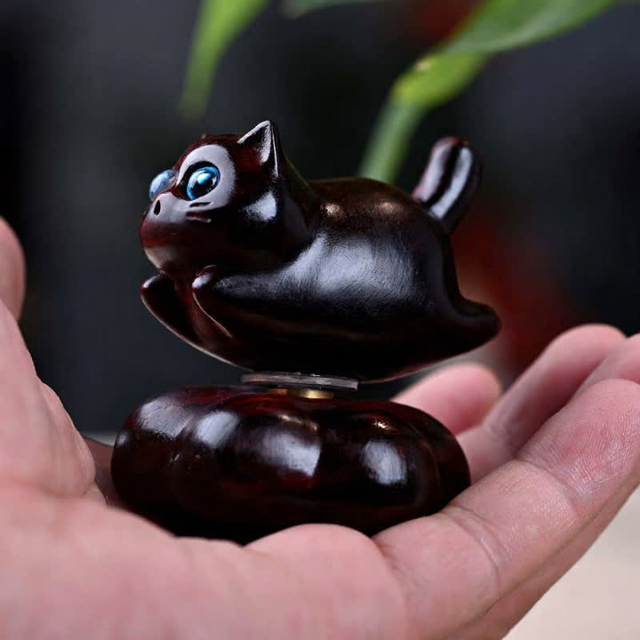 Buddha Stones Sandalwood Rotating Small Cat Tea Pet Meditation Cute Animal Decor - image 9