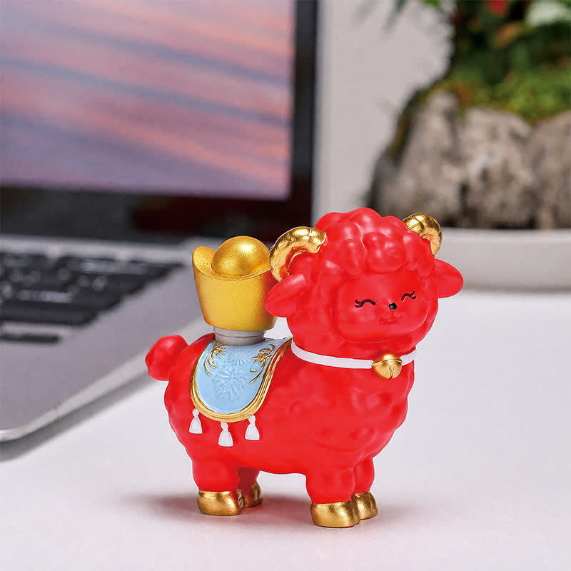 Buddha Stones Resin Lucky Sheep Ingot Gourd Fortune Money Bag Cute Animal Decor - Fortune Sheep - Gold Ingot - Red - image 1