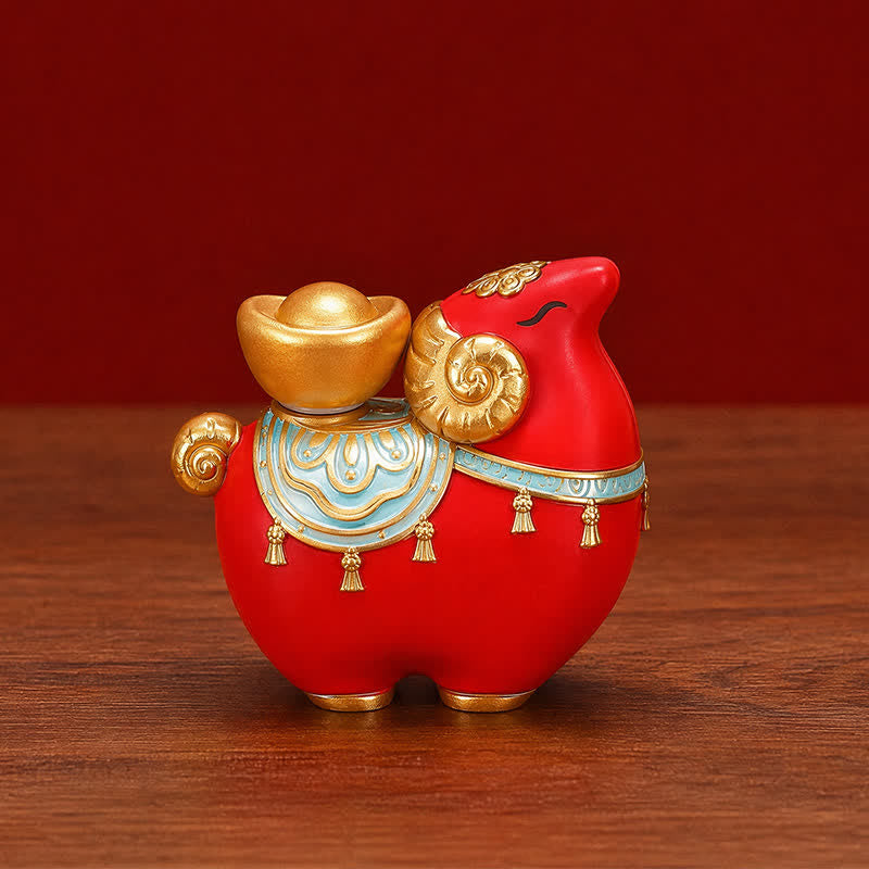 Buddha Stones Resin Chinese Zodiac Goat Sheep Ingot Gourd Copper Coin Fortune Bag Prosperity Figurine Cute Animal Decor - Red Auspicious Sheep - image 1