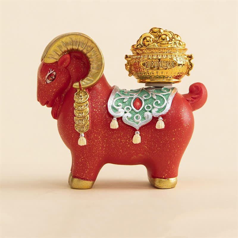 Buddha Stones Resin Zodiac Goat Sheep With Fortune Bag For Luck Cute Animal Decor - Prosperity Sheep - Red - image 1
