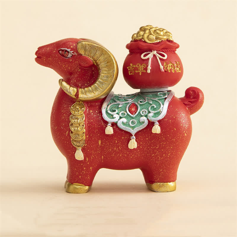 Buddha Stones Resin Zodiac Goat Sheep With Fortune Bag For Luck Cute Animal Decor - Auspicious Sheep - Red - image 4