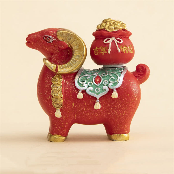 Buddha Stones Resin Zodiac Goat Sheep With Fortune Bag For Luck Cute Animal Decor - Auspicious Sheep - Red - image 4