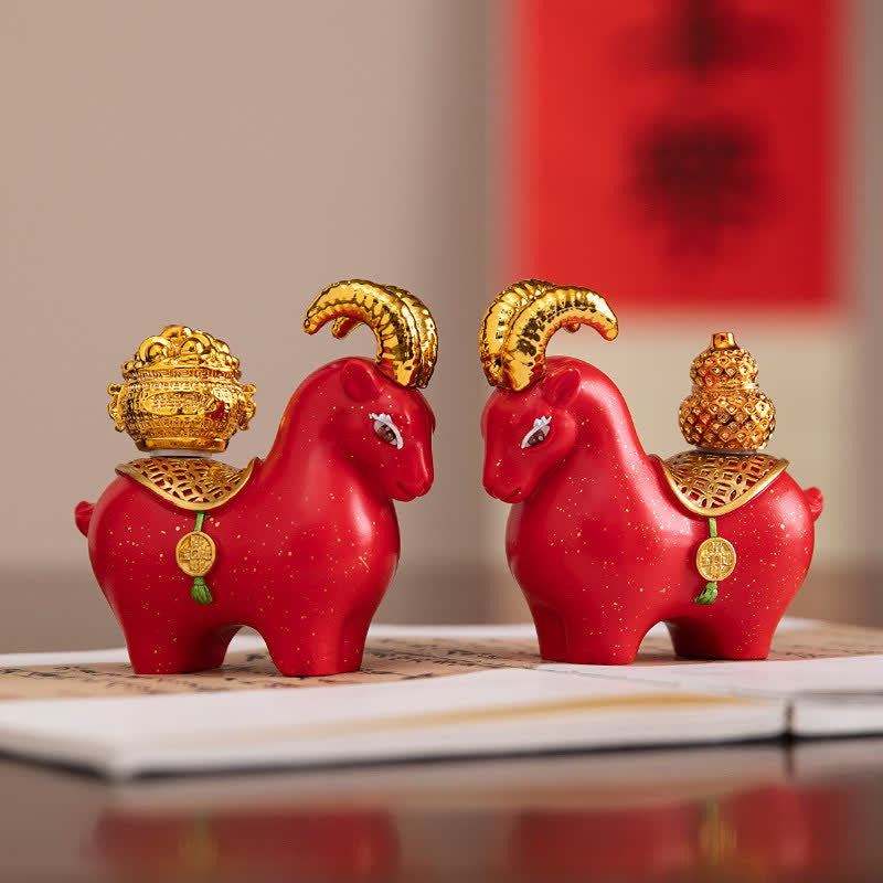 Buddha Stones Resin Zodiac Goat Sheep Prosperity Ingot Gourd Desk Accent Cute Animal Decor - image 0