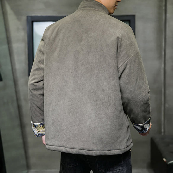Buddha Stones Fall Winter Casual Tang Style Mandarin Collar White Crane Solid Men's Jacket With Pockets - image 4