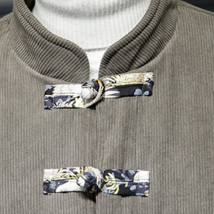 Buddha Stones Fall Winter Casual Tang Style Mandarin Collar White Crane Solid Men's Jacket With Pockets - image 10