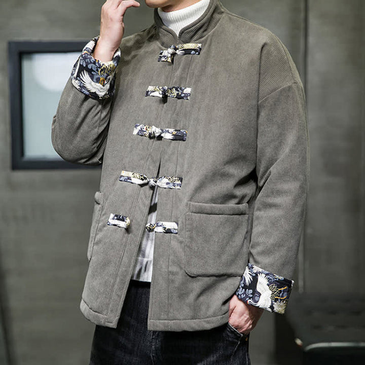 Buddha Stones Fall Winter Casual Tang Style Mandarin Collar White Crane Solid Men's Jacket With Pockets - image 3