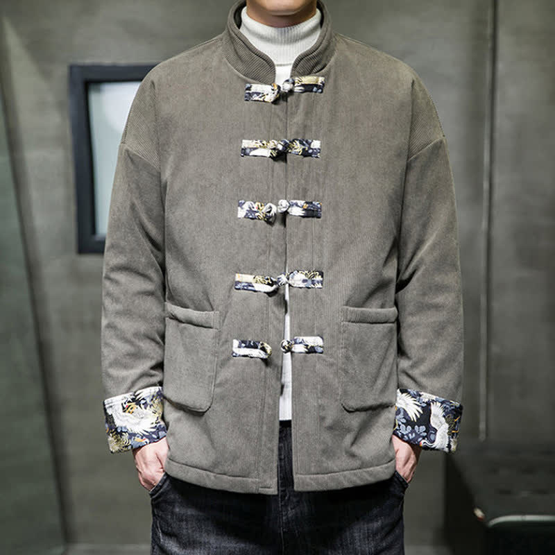 Buddha Stones Fall Winter Casual Tang Style Mandarin Collar White Crane Solid Men's Jacket With Pockets - image 5